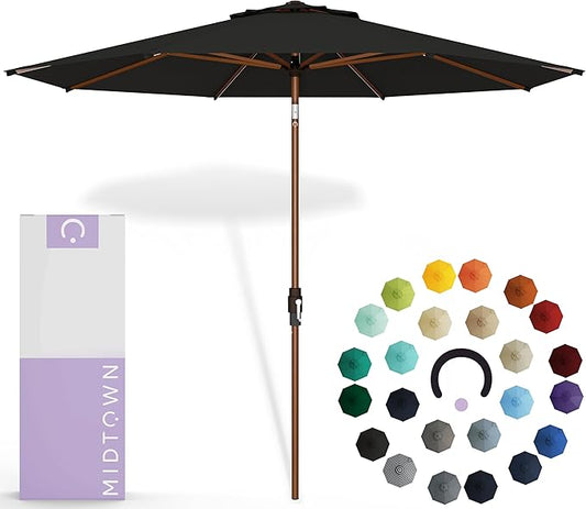 Midtown Umbrellas Sunbrella Umbrella Large Patio Umbrella 2-10 Feet in Black Acrylic Fabric, Auto-Tilt Aluminum Frame Backyard Umbrella, Deck Umbrella, Garden Umbrella & Porch Umbrella - Wooden Pole