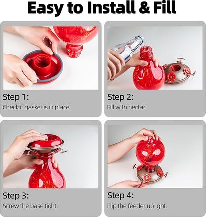 2 Packs Hummingbird Feeder for Outdoors Hanging Ant and Bee Proof, 32OZ Hand Blown Glass Hummingbird Feeders for Outside, Christmas Decoration Gifts for Mom (Teal & Red)