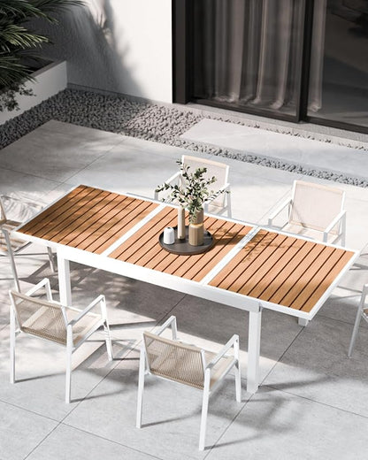 Expandable Patio Dining Table for 4-8 People, Aluminum Outdoor Square Table(55"- 82.7") with Safety Lock, Adjustable Height - Wood Grain for Backyard, Garden, Porch, Yard, Poolside,White