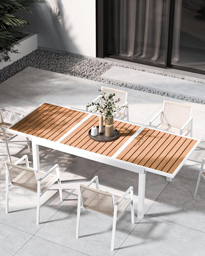 ZANDOR Expandable Outdoor Dining Set for 4-6-8,Patio Table and Chairs Set with Wood Top for Garden,Backyard,Porch,55"-82.7" Extendable Aluminum Outdoor Table Set with 6 Chairs,White