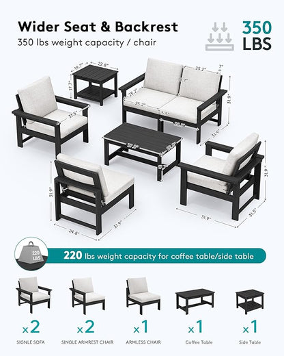 SERWALL HDPE Patio Furniture Set with 15FT Double Side Patio Umbrella, 7-Piece Outdoor Modular Sectional Sofa Set, All Weather Patio Couch Set for Deck, Black & Beige（Umbreall Base not Included）