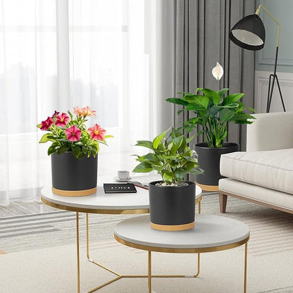 10/8/6 inch Large Deep Plant Pots for Outdoor Indoor Plants, 3 Pack Tall Cylinder Flower Pots with Drainage Holes and Saucers, Big Plastic Planter Pots for Garden House Porch, Black with Brown