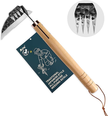 AON All-Purpose Japanese Weeding Sickle & Razor Hand Hoe, Forged Steel Weed Puller Tool with Sharp Edge & 4-Tine for Digging, Weeding, Uprooting in Vegetable Gardening, Backyard or Raised Garden Beds