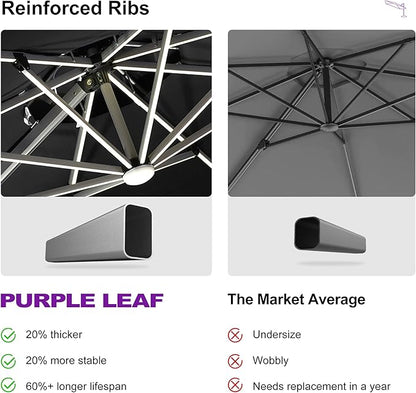 PURPLE LEAF 12ft Solar powered LED Patio Umbrella Outdoor Round Umbrella Large Cantilever Umbrellas with LED lights Windproof Offset Umbrellas Heavy Duty Sun Umbrella for Garden Deck Pool Patio, Black