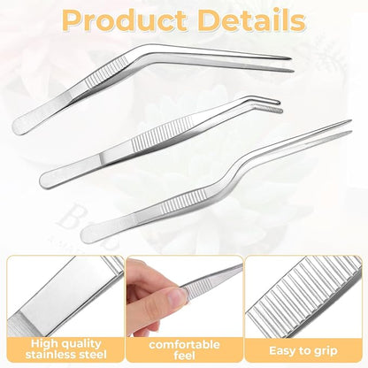 Garden Tweezers, 3 Pcs Stainless Steel Plant Tweezer Set Straight and Curved Precision Tweezers Multipurpose Bonsai Tools for Garden, Kitchen, Indoors and Outdoors (6.22Inch / 6.3Inch / 6.4Inch)