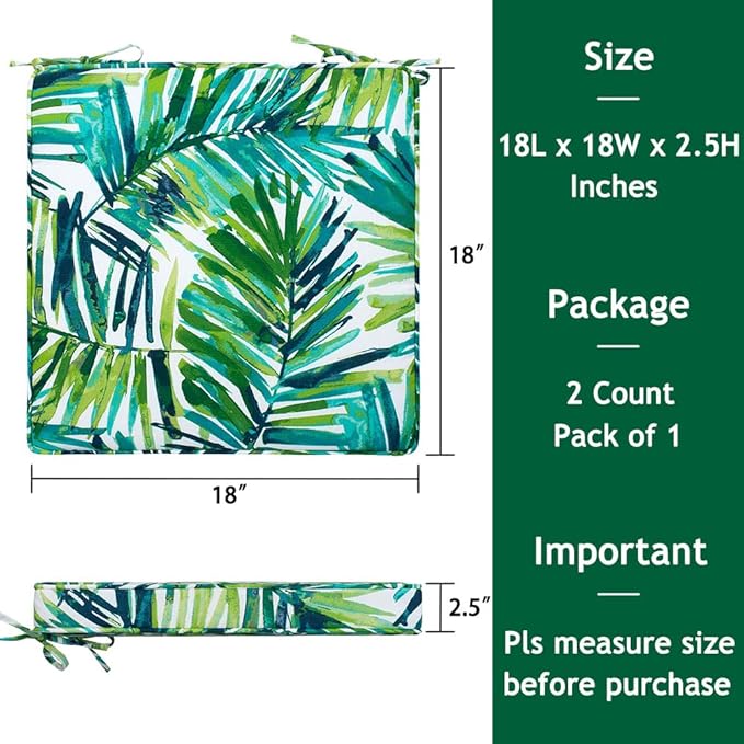 Magpie Fabrics Square Corner Seat Cushion, 18" x 18" x 2.5", 2 Pack, Indoor/Outdoor Waterproof Weather Resistant Universal Chair Pads for Patio Garden Dining - Green Palm Leaves