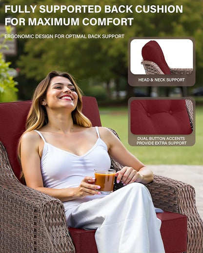 Belord 6" Thick Cushion Outdoor Swivel Rocker Patio Chairs Set of 2,3 Piece Wicker Patio Bistro Set with Side Table and Comfort High Back Outdoor Patio Glider Chair Brown Wicker/Red Cushion