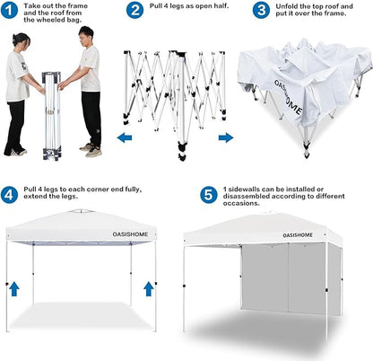 OASISHOME Pop-up Portable Outdoor Canopy Tent 10'x10' Instant Gazebo, with 1 Sidewall, Carry Bag, Stakes, Ropes, for Outdoor/Beach/Patio/Wedding Parties and Commercial Events (10FTx10FT, White)