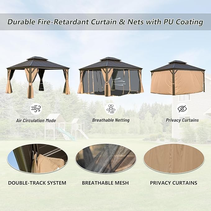 12' x 14' Hardtop Gazebo Outdoor Aluminum Gazebos with Galvanized Steel Double Canopy for Patios Deck Backyard,Curtains&Netting by domi outdoor living