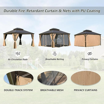 12' x 14' Hardtop Gazebo Outdoor Aluminum Gazebos with Galvanized Steel Double Canopy for Patios Deck Backyard,Curtains&Netting by domi outdoor living
