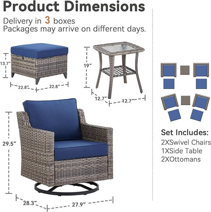 Patio Bistro Set, 5 Piece Wicker Patio Furniture Set with Swivel Rocking Chairs, Side Table, Rattan Ottomans and Comfy Cushions, Patio Conversation Sets for Garden Porch Deck Backyard