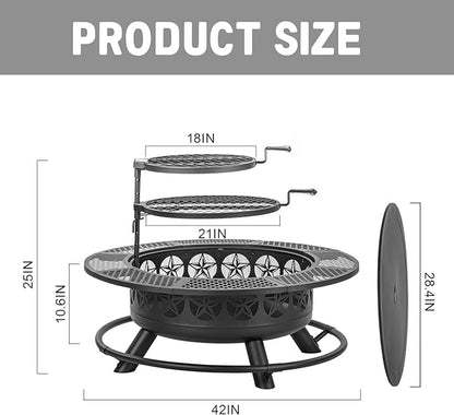 42 Inch BBQ Fire Pit with 2 Grills,3-in-1 Outdoor Round Metal Fire Pit Table with Lid,Fire Poker,Large Outdoor Wood Burning Firepits for Outside,Picnic,Bonfire Backyard Patio(Black)