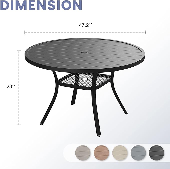 VICLLAX Outdoor Patio Round Dining Table, 47"x 47" Metal Slatted Round Tabletop with Adjustable Umbrella Hole for Deck Lawn Garden Backyard, Black