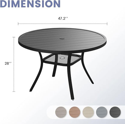 VICLLAX Outdoor Patio Round Dining Table, 47"x 47" Metal Slatted Round Tabletop with Adjustable Umbrella Hole for Deck Lawn Garden Backyard, Black