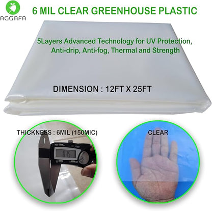 6 mil (12ft x 25ft) 100% Virgin Material. 5Layers Advanced Extrusion Technology for UV Protection, Anti-drip, Anti-Fog, Thermal and Strength. 4Years Lifetime UV Resistant Greenhouse Plastic