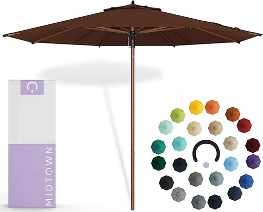 Midtown Umbrellas The Wooden 8 Feet Patio Umbrella With Sunbrella Bay Brown Acrylic Fabric - Aluminum Frame Market Umbrella For Backyard, Deck, Garden, Pool - Wooden Pole