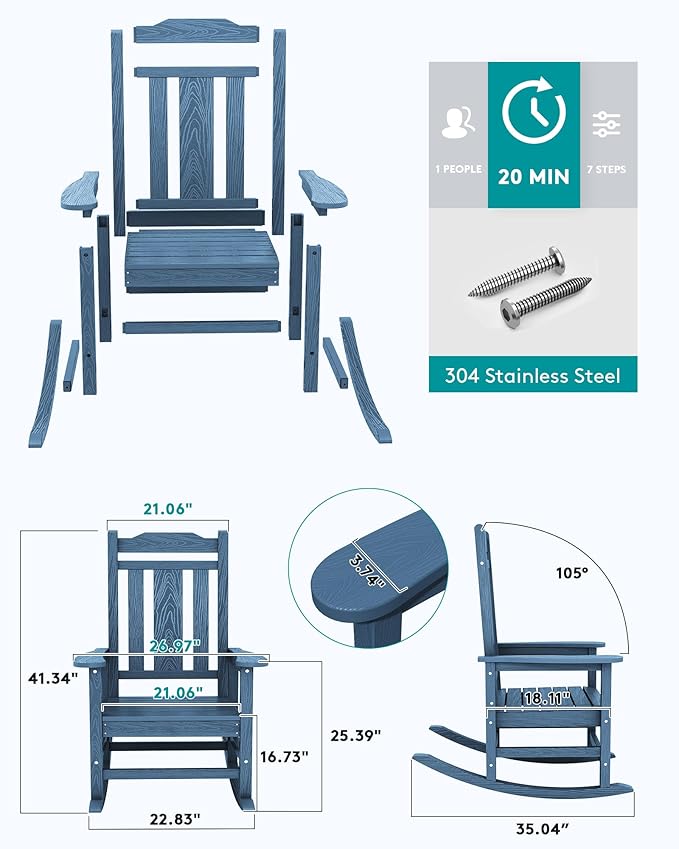 SERWALL Oversized Rocking Chair Set of 2 Outdoor, HDPE Outdoor Rocking Chair Set of 2, Blue