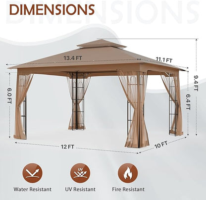 COOS BAY 10x12 Outdoor Patio Gazebo with Netting, Two-Tier Soft Top Canopy for Backyard, Lawn, Deck and Garden, Brown