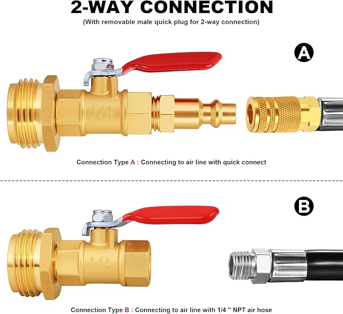 RV Winterize Blowout Adapter with 1/4" Quick Connect Plug and 3/4" Garden Water Hose Threading with Valve (4 Pack)