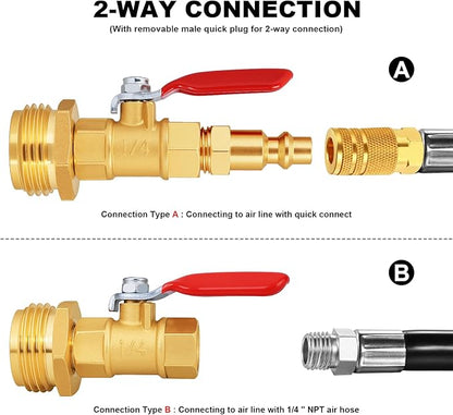RV Winterize Blowout Adapter with 1/4" Quick Connect Plug and 3/4" Garden Water Hose Threading with Valve (4 Pack)