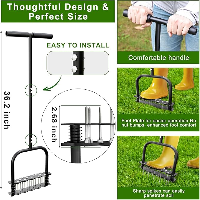 Lawn Aerator -Aerator Lawn Tool with 14 Iron Spikes, Automatic Dirt and Leaf Clean with Spring-Loaded Design, Height Adjustable Metal Manual Aerator, Soil Loosening, Yard Aerating, Garden Tool