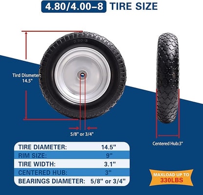 4.80/4.00-8 Tire, 14.5" Flat Free Wheelbarrow Tire and Wheel, 5/8" 3/4" Bearings Solid Replacement Tires, 3" -7" Centered Hub, Universal Fit 3.50/3.00-8, 4.00-6 Trolley Dolly Go Kar, 1 Pack