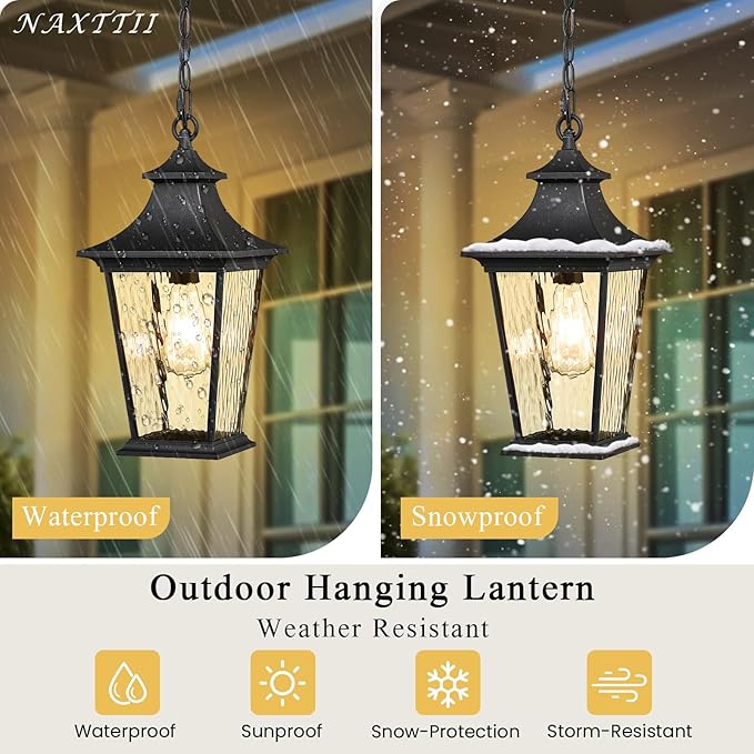 16.4 Inch Black Hanging Porch Lights Outdoor Waterproof Aluminum Outdoor Pendant Light Dusk to Dawn Exterior Hanging Light Fixture for Gazebo E26 Socket