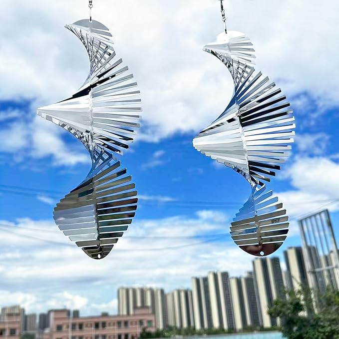 Hanging Wind Spinners,3D Spiral Highly Reflective Stainless Steel Metal Wind Spinner Outdoor Garden Decor,Decorations to Scare Away Yard Birds12in 2Pcs