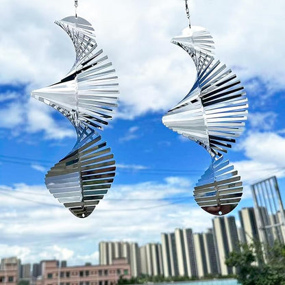 Hanging Wind Spinners,3D Spiral Highly Reflective Stainless Steel Metal Wind Spinner Outdoor Garden Decor,Decorations to Scare Away Yard Birds12in 2Pcs