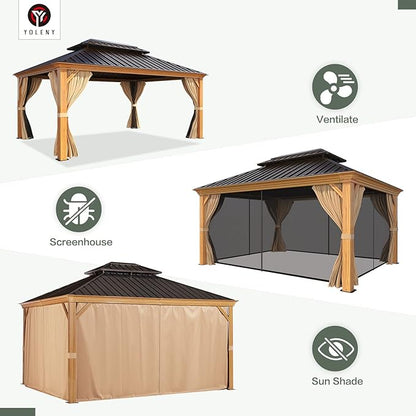 YOLENY 12' x 16' Hardtop Gazebo, Wood-Looking Gazebo with Galvanized Steel Double Roof, Aluminum Frame with Netting and Curtains for Deck, Backyard, Patio and Lawns