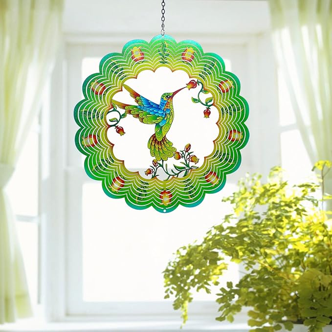 Hummingbird Wind Spinners Hummingbird Gifts for Women/Men 12 inch 3D Stainless Steel Hanging Wind Spinner Metal Bird Wind Catchers Kinetic Sculpture for Indoor/Outdoor Decor,Yard Art,Garden Decoration