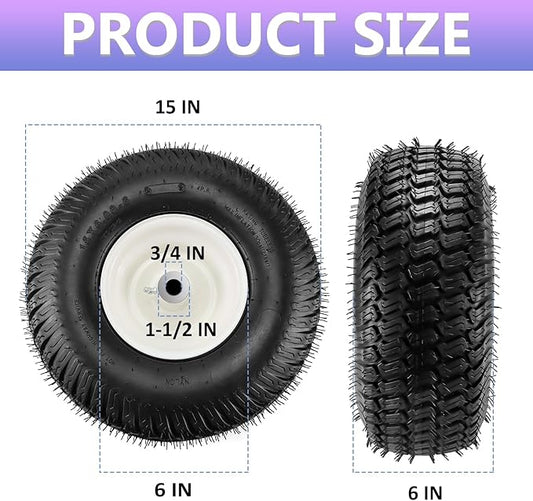 【Upgraded】15x6.00-6" Lawn Mower Tires with 3/4" Iron Bushing, 3" Offset Hub 4 Ply Heavy Duty Replacement for Craftsman Mower, Garden Lawn Tractors 2-Pack by Cenipar