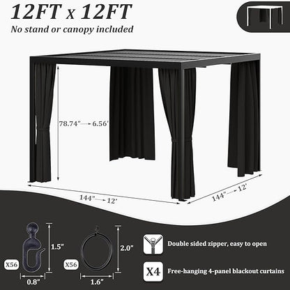 Gazebo Universal Replacement Privacy Curtain,12'×12' Gazebo Outdoor Waterproof Curtains, 4-Panels Sidewall Curtains with Double Zipper for Patio Canopy, Garden and Backyard (Curtain Only)