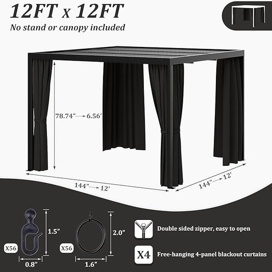 Gazebo Universal Replacement Privacy Curtain,12'×12' Gazebo Outdoor Waterproof Curtains, 4-Panels Sidewall Curtains with Double Zipper for Patio Canopy, Garden and Backyard (Curtain Only)