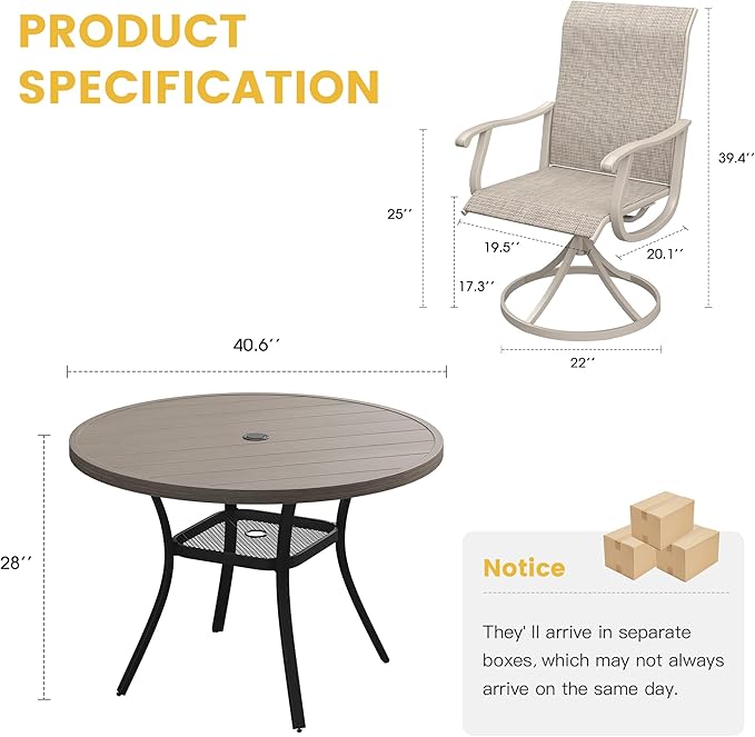 VICLLAX Patio Dining Set for 4, 5 Pieces Outdoor Furniture Includes 40.6" Round Patio Table with Umbrella Hole and 4 Outdoor Swivel Chairs for Lawn Garden, Grey Wood Grain Tabletop
