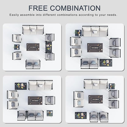 9 Pieces Outdoor Patio Conversation Sets with All Weather Cushions, Metal 3-Seater, 2 Swivel Rockers, 2 Single Chairs, 1 Loveseat, 1 Side Tables, 1 Coffee Table, 1 Fire Pit Table, Beige