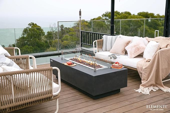 Elementi Granville Gas Fire Pit Bundle Concrete Fire Table, Outdoor Fire Pit Electronic Ignition | Canvas Cover, Lava Rock Included | Free AMS Wind Guard | Dark Gray (Propane Gas)