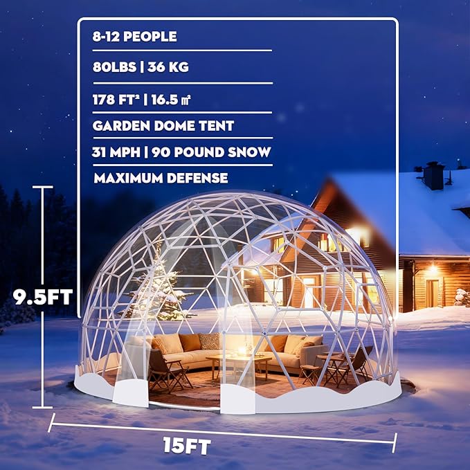 12FT Garden Dome Tent, Geodesic Dome Greenhouse with PVC Clear Cover, Waterproof Garden Bubble Dome Tent House with 2 x 10M Light Strings for Outdoor, Patio, Backyard, Party (White Edge, 15FT/4.6M)