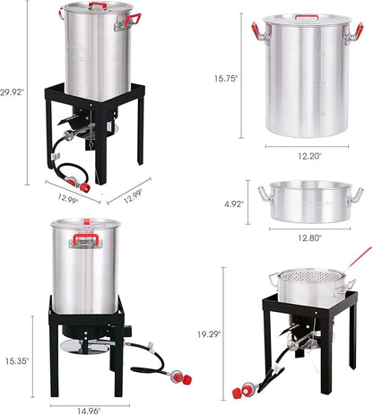 Creole Feast TFK-TG-3001 30 Qt. Turkey Fryer Boiler Steamer Kit with 10 Qt. Fish Fryer Pot & Gloves, Outdoor Turkey Fryer Pot with Basket and Burner, 50,000 BTUs, Silver & Black