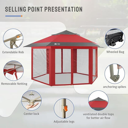 CROWN SHADES 13x13 Pop up Gazebo with Mosquito Nettings, Patented Center Lock 6-Sided Portable Gazebo, 300D Silver-Coated Fabric UV Resistant, Pop Up Canopy Tent for Patio, Party, Red&Grey
