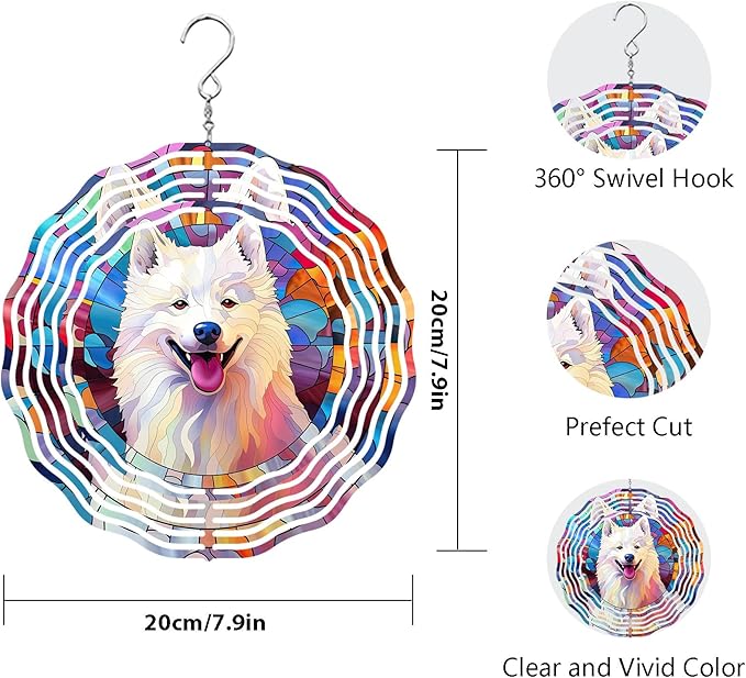 Samoyed Wind Spinner Pet Dog Memorial Gifts 3D Aluminum Metal Kinetic Hanging Wind Sculpture Spinners for Yard and Garden Indoor Outdoor Window Garden Decoration 8 Inch (Samoyed 1)
