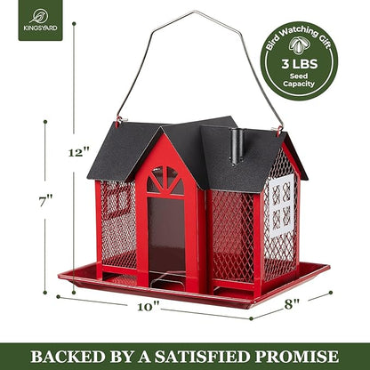 Kingsyard Bird Feeder House for Outside, Metal Mesh Wild Bird Feeder with Triple Feeders for Finch Cardinal Chickadee, Large Capacity, Weatherproof and Durable, Red