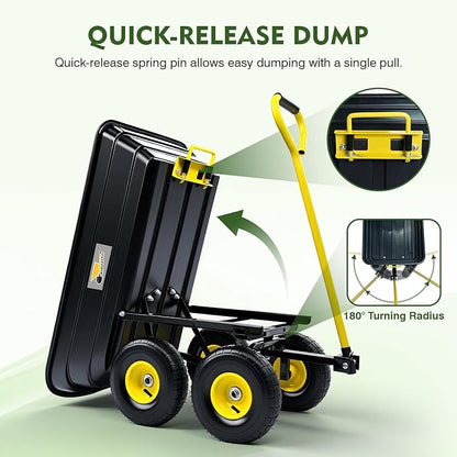 Garden Dump Cart, Heavy-Duty Utility Wagon with 600 lb Capacity, 4 Cu Ft Bed, 10" Pneumatic Tires, 180° Pivot Steering for Yard, Lawn, and Beach Use