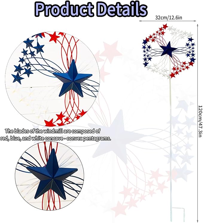 47.3” Red White & Blue Patriotic Wind Spinner – Star Design American Flag Spinner Outdoor – Metal Garden Spinners for Yard, Lawn & Patio Decor
