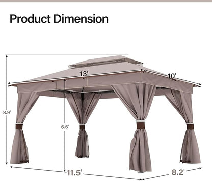 LAUSAINT HOME Outdoor Patio Gazebo 10'x13' with Expansion Bolts, Heavy Duty Party Tent & Shelter with Double Roofs, Mosquito Nettings and Privacy Screens for Backyard, Garden, Lawn