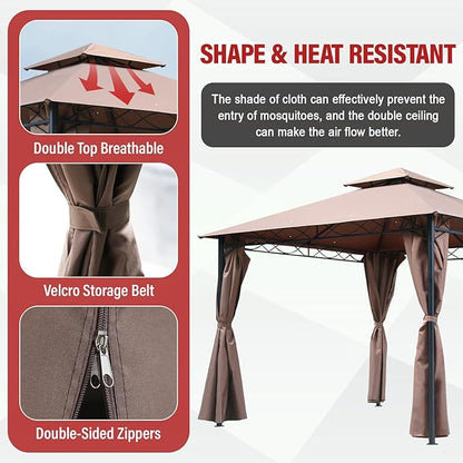 10'x10' Outdoor Patio Canopy Rain-Proof Pop Up Gazebo UV-Resistant Canopy Tent with Double Roof Tops Curtain for Backyard, Patio and Garden, Brown
