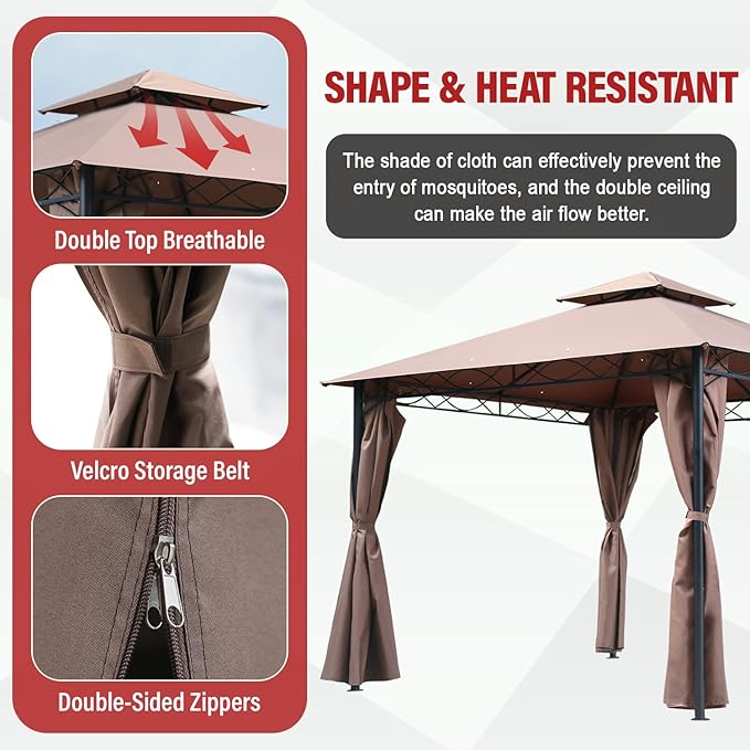 10'x13' Outdoor Patio Canopy Rain-Proof Pop Up Gazebo UV-Resistant Canopy Tent with Double Roof Tops Curtain for Backyard, Patio and Garden, Brown