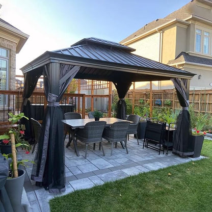 Domi 10'x14' Hardtop Gazebo Canopy,Outdoor Aluminum Gazebo with Galvanized Steel Double Roof,Permanent Gazebos with Drainage System,Curtain and Netting Included,Grey