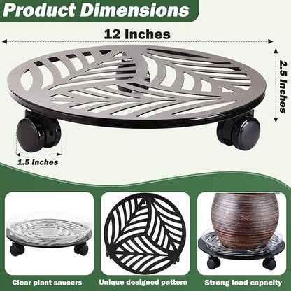 5 Packs Large Metal Plant Caddy with PU Wheels 12" Heavy-Duty Wrought Iron Rolling Plant Stands Indoor Outdoor Wheeled Plant Dolly Planter Mover Rollers Plant, Leaf Style