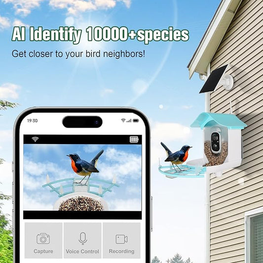 Bird Feeder with Camera, AI Identify Birds Species Solar Powered, Auto Record Videos in Backyard, Instant Notifications, Ideal Gift for Family and Bird Lovers